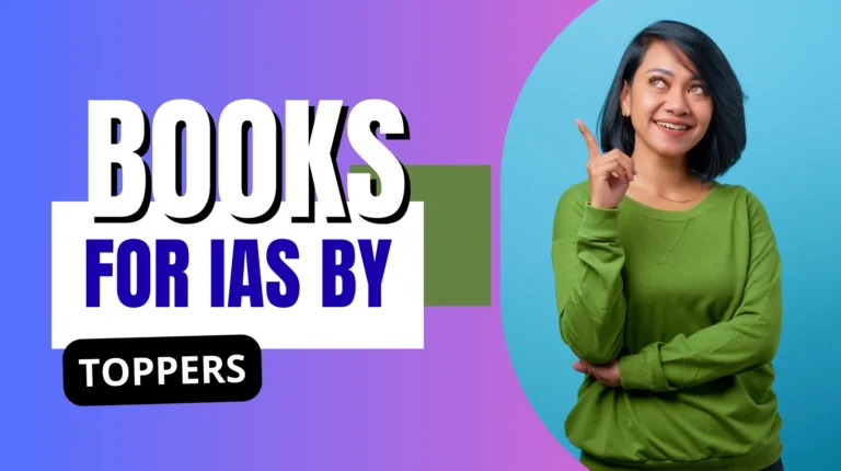 books for IAS by toppers banner showing recommended UPSC preparation books with a woman pointing toward study resources for civil services exam